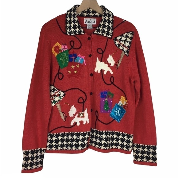 VINTAGE Christmas Sweater Cardigan Scottie Dog Shopping Girl Houndstooth Large - Picture 1 of 14